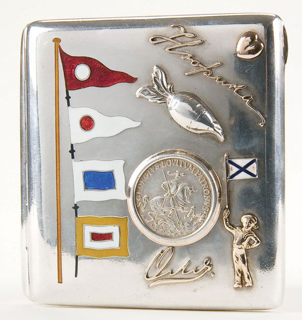 Russian silver and enamel cigarette case: A RUSSIAN SILVER AND ENAMEL PERSONALIZED CIGARETTE CASE 1899-1908. The polished silver case with Enplein enamel nautical flags and further set with various charms, a coin, signatures and verso with la