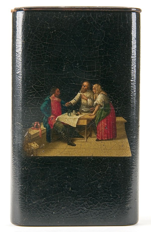 Russian lacquer cigar case: A RUSSIAN LACQUER CIGAR CASE, probably Feodoskino. The front painted with an interior tavern scene, the underside of hinged lid with maker's initials beneath the Imperial Warrant in Cyrillic F.A.L. Le