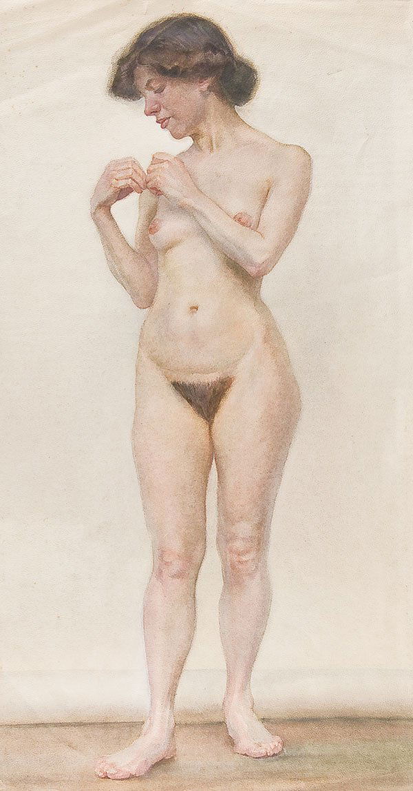 German Painting, Female Nude: GERMAN SCHOOL (19th/20th century) A Female Nude Study - 1910 Watercolor Inscribed on verso 'MUNCHEN - 1910' 27.5 inches x 14.5 inches (70 x 37 cm) Estimate $300-$500