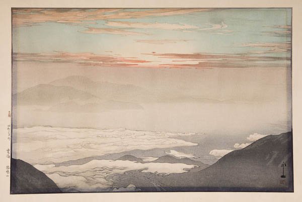Japanese woodcut print, Hiroshi Yoshida: HIROSHI YOSHIDA (Japanese 1876-1950) Unkai Hoo-zan (Sea of Clouds at Hoozan) Color woodcut Signed with chop and on left margin in block 21.5 inches x 32.5 inches (54.5 x 82.5 cm) Estimate $1,500-$2,50
