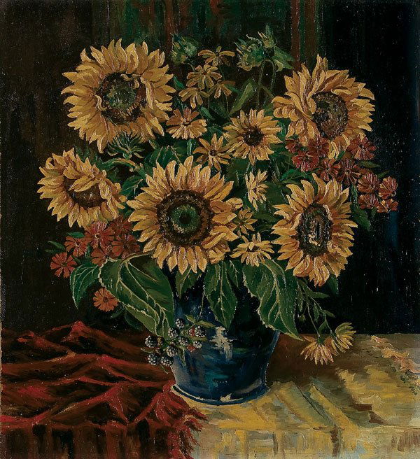 Painting, Floral Still Life: CONTINENTAL SCHOOL (20th century) Still Life of Sunflowers - circa 1930 Oil on board Apparently unsigned 26.5 inches x 23.5 inches (67.5 x 59.5 cm) Estimate $250-$500