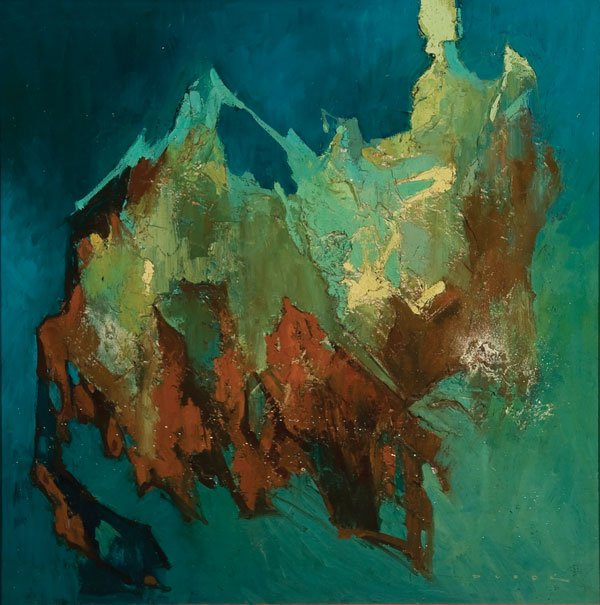 Painting, Rudolph Pusak (Austrian) Abstract: RUDOLPH PUSAK (Austrian b.1908) Abstract Landscape Oil on board Signed lower right 31 inches x 31 inches (78.7 x 78.7 cm) Estimate $400-$600