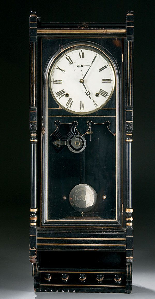 Seth Thomas Victorian Regulator Wall clock: A FINE SETH THOMAS ''QUEEN ANNE'' VICTORIAN REGULATOR WALL CLOCK late 19th century, ebonized case with gilt highlights. Height 36 inches. Estimate $300-$500