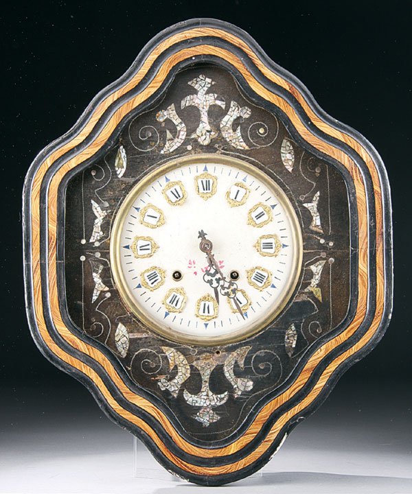 French Wall Clock: A 19TH CENTURY FRENCH INLAID WALL CLOCK, picture frame style with mop mosaic inlaid decoration within a scalloped and grained wood frame. Height 24 inches. Estimate $200-$400