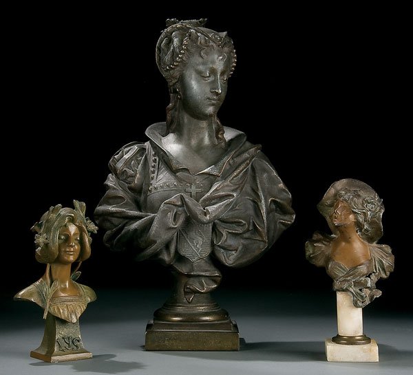 Victorian spelter statues, female busts: A VICTORIAN SPELTER BUST GROUPING late 19th to early 20th century comprising a ''young beauty'' after Bouret (the largest), an art nouveau ''LYS'', and an Edwardian beauty raised on marble pedestal. H