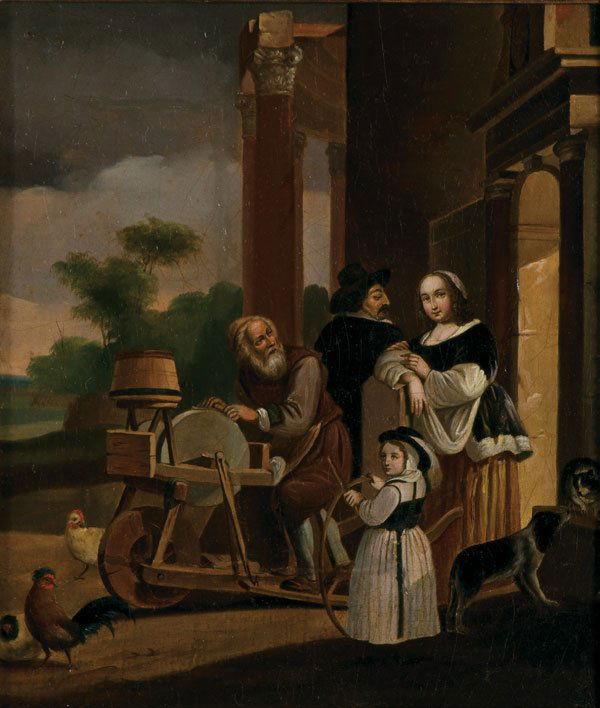 Pair German Paintings, Figures: GERMAN SCHOOL (18th/19th century) Traveling Merchants - a pair of paintings (circa 1860) Oil on canvas Both apparently unsigned 10.5 inches x 8 inches (26.7 x 20.3 cm) Estimate $800-$1,000