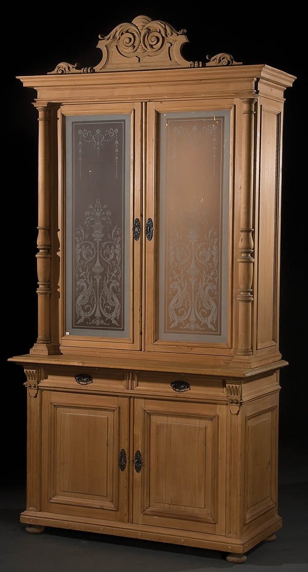 AUSTRIAN CARVED PINE AND ETCHED GLASS SIDE CUPBOARD