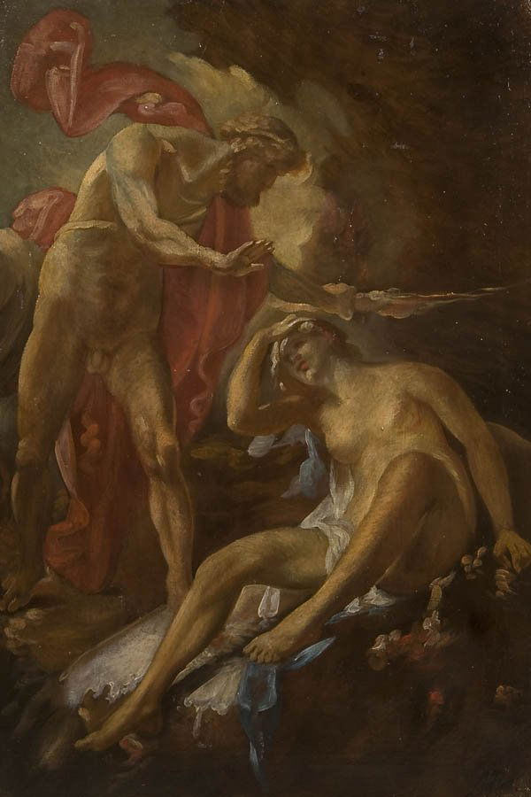 PAINTING - CONTINENTAL SCHOOL: A PAINTING - CONTINENTAL SCHOOL (19th century) Vulcan Visiting Venus. Oil on canvas, indistinguishably signed lower right. 25.5 inches x 17-3/8 inches.