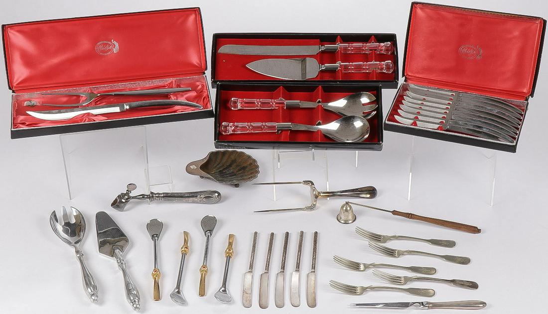 MIXED SHEFFIELD & STAINLESS SERVING UTENSILS: MIXED SHEFFIELD & STAINLESS SERVING UTENSILS. Including various pieces, a salad set, a cake set, carving sets, and others as shown. Greatest length 13 inches. SHIPPING NOTICE:Jackson's is your sole