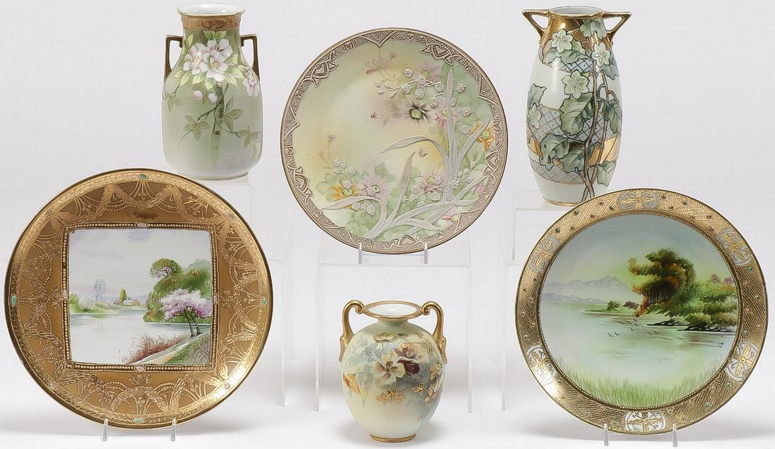 SIX PIECES OF NIPPON PORCELAIN: SIX PIECES OF NIPPON PORCELAIN. Comprising six individual pieces including three vases and three plates, one plate in raised Moriage decoration, the two plates with profusely gilded rims and jeweled, 