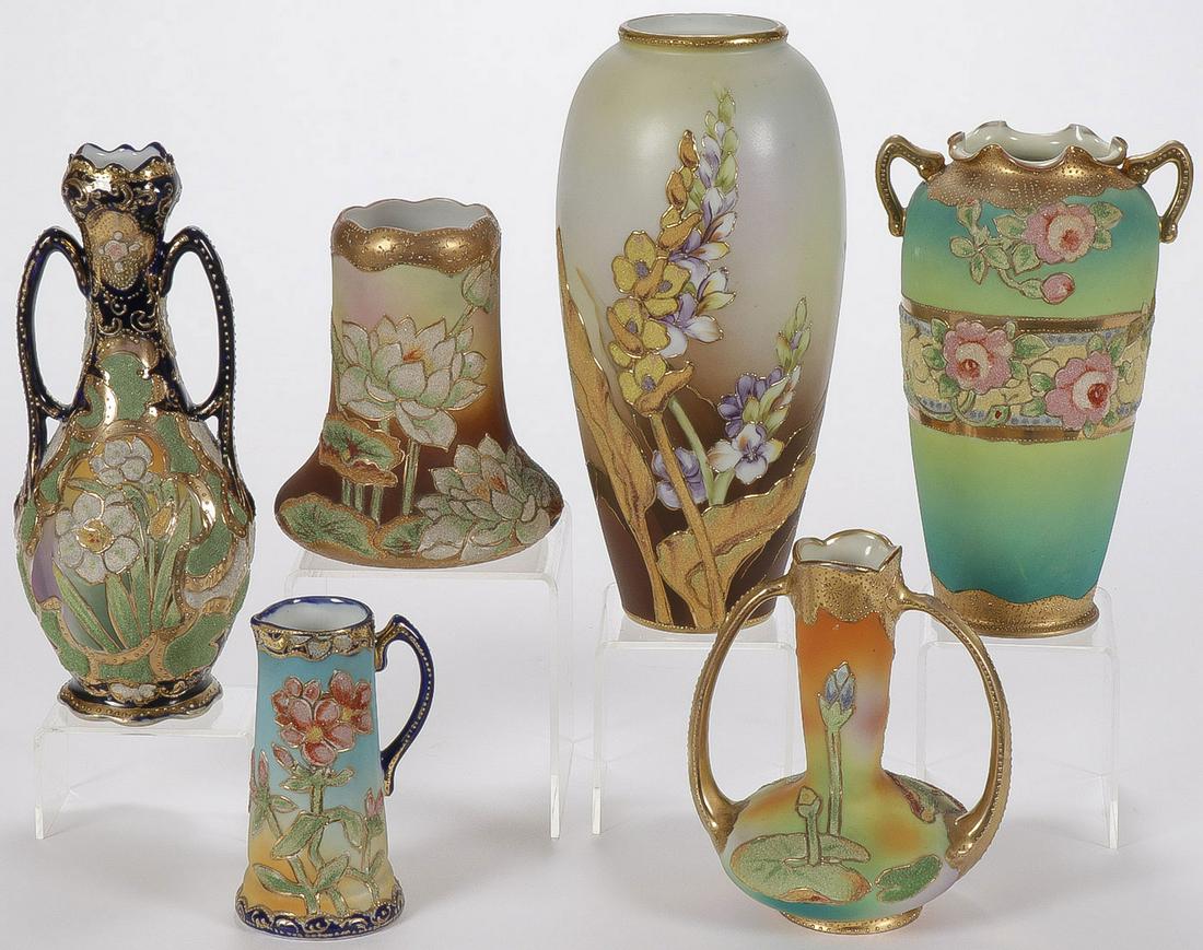 SIX NIPPON CORALENE VASES: SIX NIPPON CORALENE VASES. Of various sizes, shapes, and designs, greatest height 8.75 inches. SHIPPING NOTICE: Jackson's is your sole and only source for one stop packing and shipping. With over