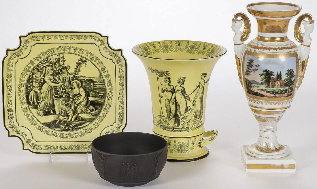 MIXED PORCELAIN & CERAMICS: MIXED PORCELAIN & CERAMICS. Including a Wedgwood Basalt bowl, an Old Paris porcelain double handled urn, and two pieces of Italian Mottahedeh yellow and black vase and plate with notched corners. Grea