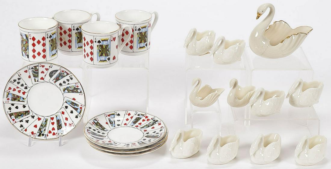 TIFFANY & LENOX PORCELAIN: TIFFANY & LENOX PORCELAIN. Comprising four Tiffany Elizabethan matching cups and saucers, and 11 Lenox geese form salts including a master salt. Greatest measurement 5 inches. SHIPPING NOTICE: Jackso