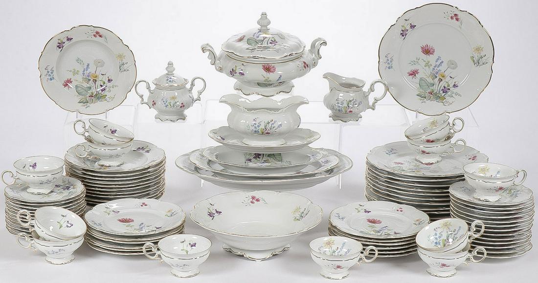 81-PIECE HUTSCHENREUTHER SYLVIA CHINA SET: 81-PIECE HUTSCHENREUTHER SYLVIA CHINA SET. Comprising an apparent service for 12 of Hutschenreuther porcelain china in the Sylvia 8940 floral pattern with scalloped edge and gilt rim, including 3 oval