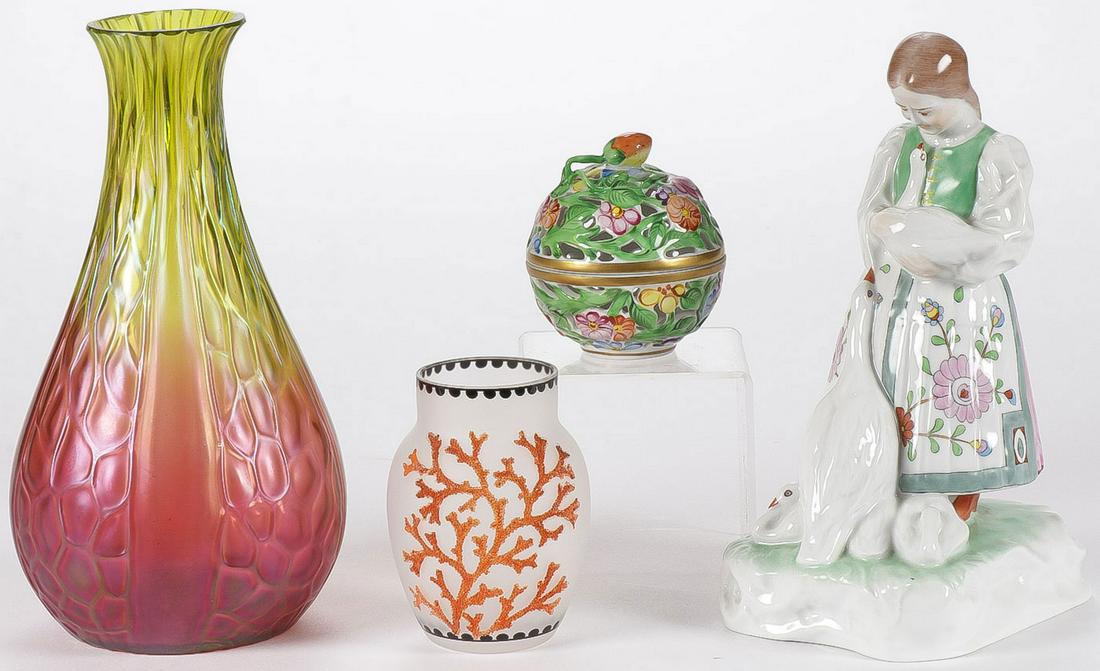 VINTAGE GLASSWARE AND PORCELAIN GROUP: VINTAGE GLASSWARE AND PORCELAIN GROUP. Comprising an Austrian iridized gourd form vase, a Czech frosted glass vase with Coralene decoration, a Herend potpourri ball, and a Herend goose girl figurine. 