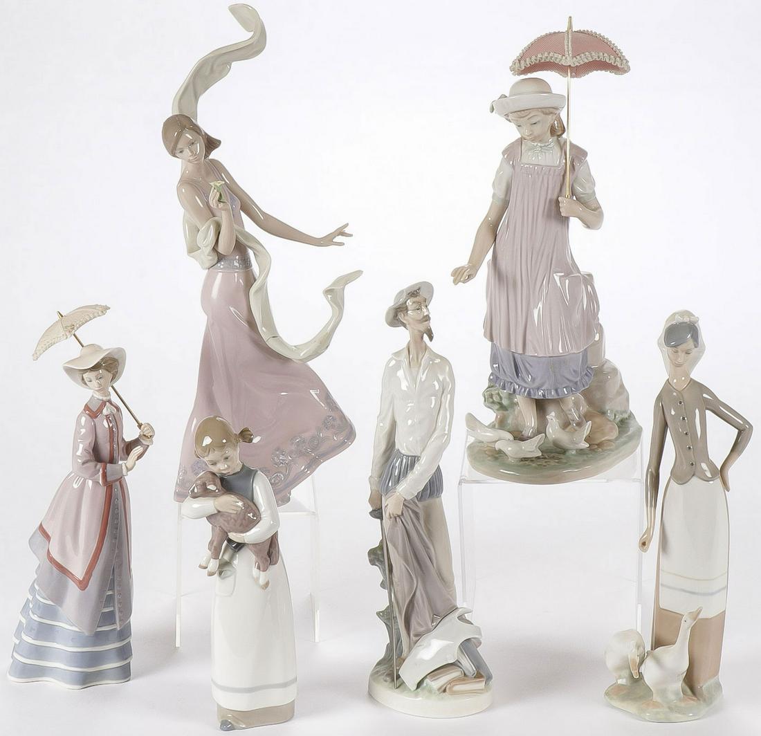 SIX LLADRO FIGURINES: SIX LLADRO FIGURINES. Including Don Quixote and others, the one with flowing scarf repaired. Greatest height 14.25 inches. SHIPPING NOTICE: Jackson's is your sole and only source for one stop pac