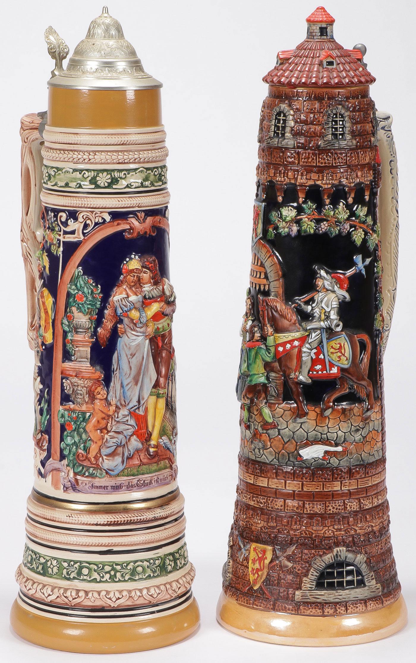 PAIR OF LARGE GERMAN BEER STEINS: PAIR OF LARGE GERMAN BEER STEINS. Comprising two large and impressive five-liter beer steins, one depicting a romantic courting scene and the other a knight, both with hinged lids, height 24.5 inches.