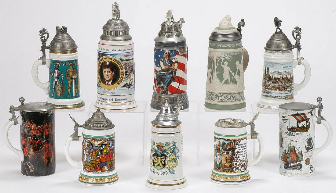 TEN BEER STEINS: TEN BEER STEINS. Comprising ten individual steins of various materials, subjects, and styles. Greatest height 12 inches. SHIPPING NOTICE: Jackson's is your sole and only source for one stop packi