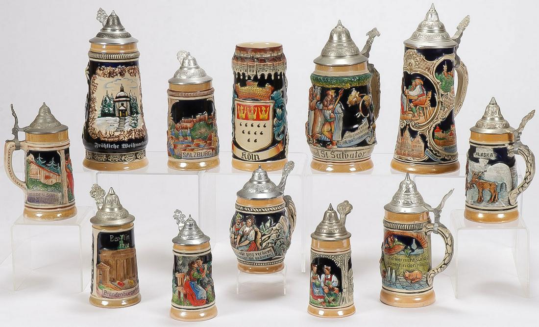 12 BEER STEINS: 12 BEER STEINS. Comprising 12 individual steins depicting various motifs. Greatest height 9.75 inches. SHIPPING NOTICE: Jackson's is your sole and only source for one stop packing and shipping. W