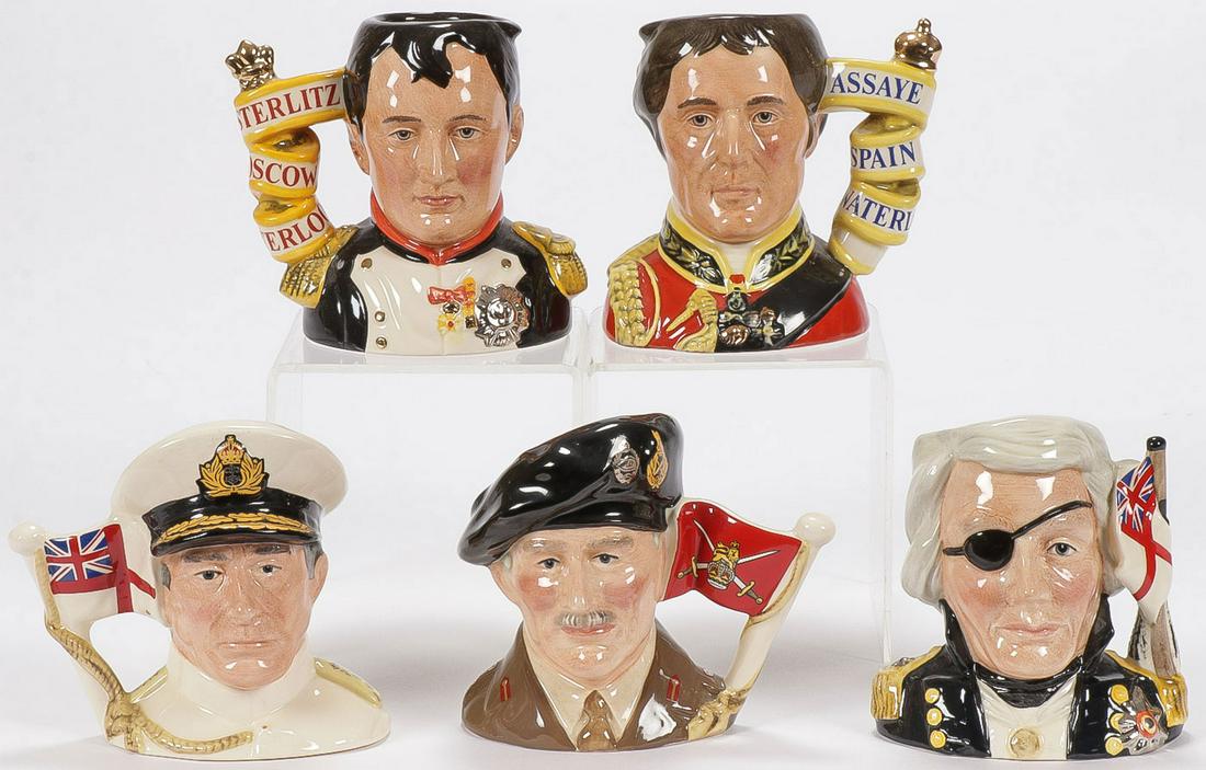 FIVE ROYAL DOULTON CHARACTER MUGS: FIVE ROYAL DOULTON CHARACTER MUGS. Comprising five Royal Doulton Toby mugs depicting various historical figures including Napoleon Bonaparte, the Duke of Wellington, Earl Mountbatten of Burma, Viscoun