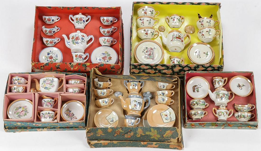5 VINTAGE BOXED CHILDREN'S TEA SETS: 5 VINTAGE BOXED CHILDREN'S TEA SETS. Comprising five individual children's tea sets in their original box including four in copper luster, including an Old King Cole set, a Three Little Pigs set, and 