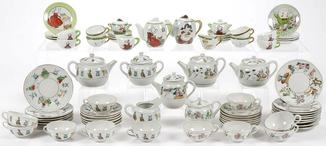 FOUR VINTAGE JAPANESE CHILDREN'S TEA SETS: FOUR VINTAGE JAPANESE CHILDREN'S TEA SETS. Comprising 70 individual pieces including a 25-piece Nursery Rhyme set, a 21-piece Netherlands set, a 15-piece Bonnet Girl set, and a 15-piece Nursery Rhyme 