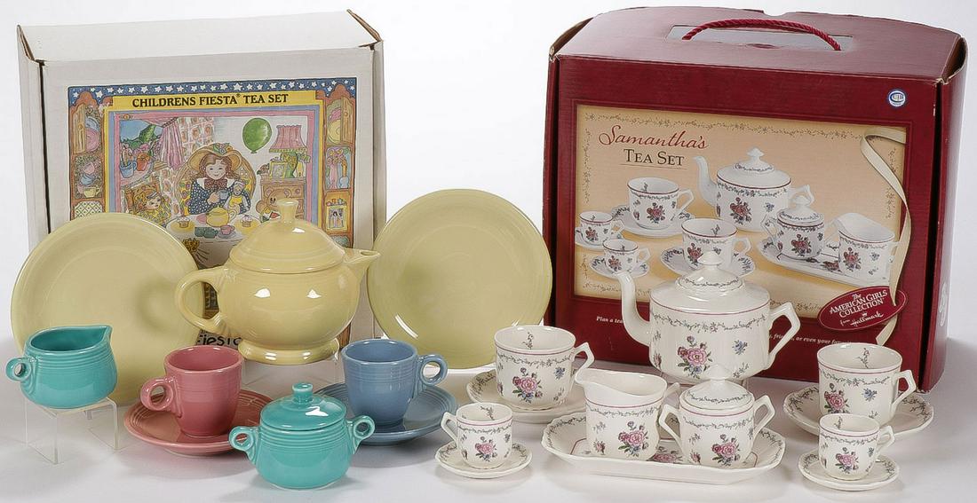 TWO CHILDREN'S TEA SETS: TWO CHILDREN'S TEA SETS. Comprising two new-in-the-box children's tea services including a 9-piece "My First Fiesta" tea set and a 12-piece "Samantha's American Girls Collection" tea service, both in 