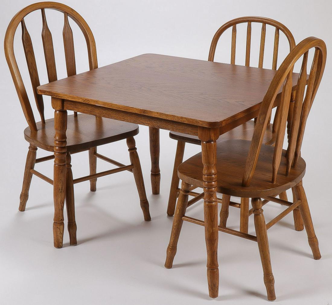 A CHILDREN'S TABLE & 3 CHAIRS: A CHILDREN'S TABLE & 3 CHAIRS. Height of table 21 inches. SHIPPING NOTICE:Jackson's is your sole and only source for one stop packing and shipping. With over 50 years of experience, our professi