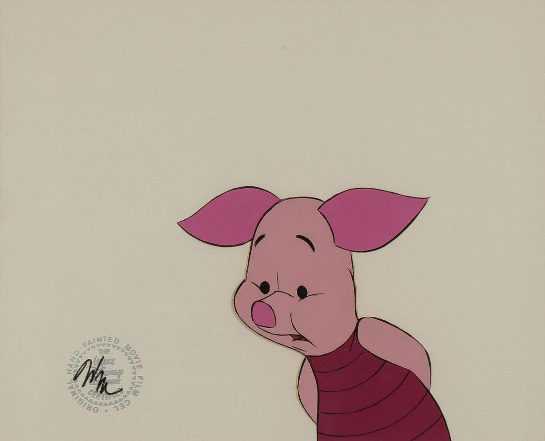 TWO DISNEY PRODUCTION CELS PIGLET: TWO DISNEY PRODUCTION CELS PIGLET. Comprising two original hand painted production cels depicting Piglet, one from "Winnie the Pooh and a Day for Eeyore - 1983" and the other from "The Many Adventures