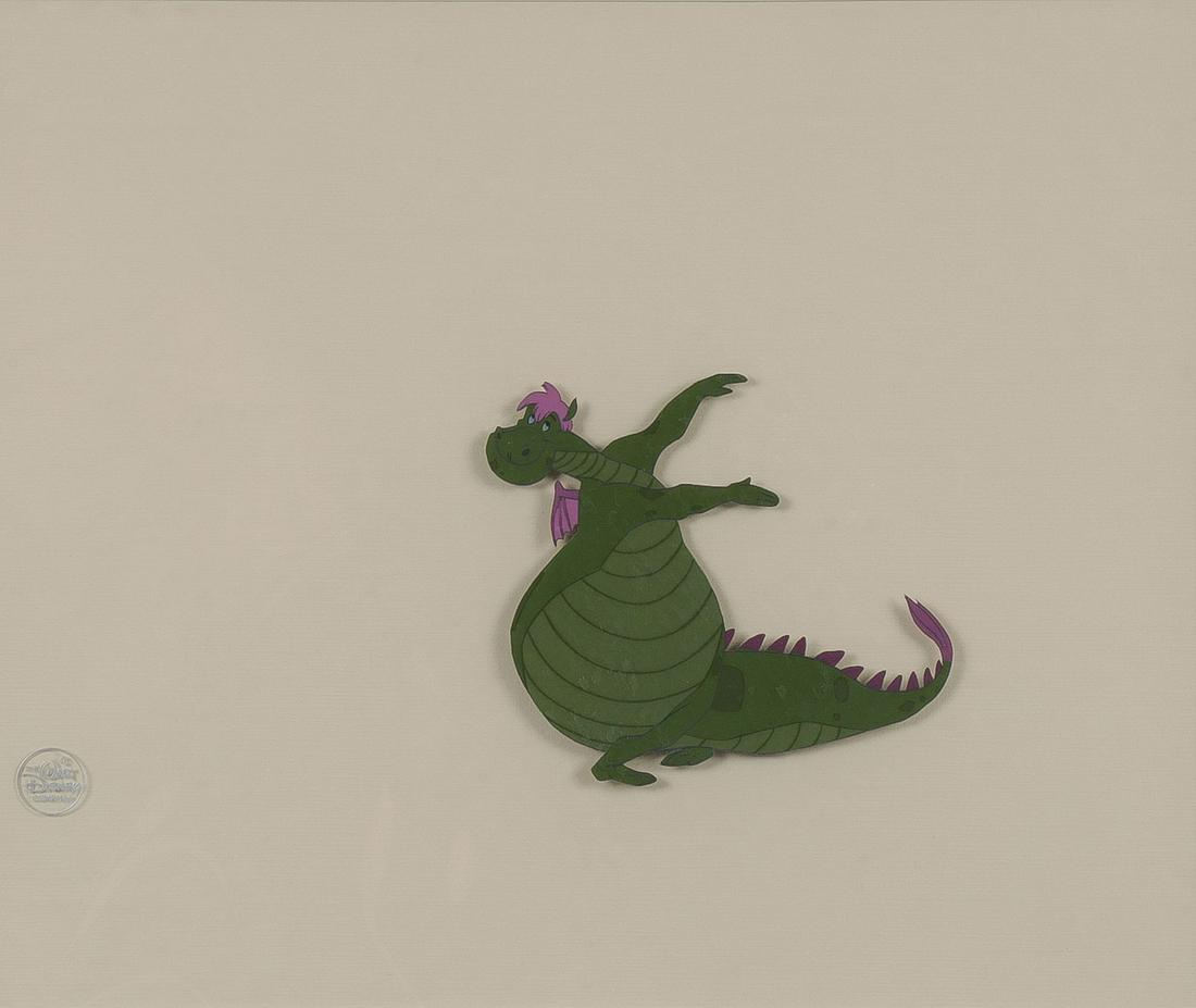 2 DISNEY PRODUCTION CELS: 2 DISNEY PRODUCTION CELS. Comprising an original hand inked production cel depicting Elliot from Pete's Dragon - 1977, sight 10 inches x 12 inches, overall with frame 17.25 inches x 18.25 inches. Toge