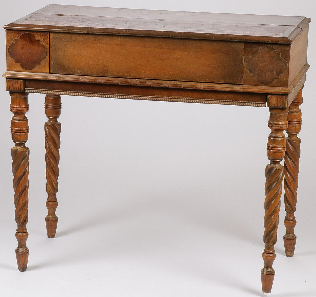 A VINTAGE SPINET DESK: A VINTAGE SPINET DESK. With twist carved legs, pull out writing surface, and cubby holes. Height 32.75 inches, width 36 inches, depth 20 inches. SHIPPING NOTICE: Jackson's is your sole and only source