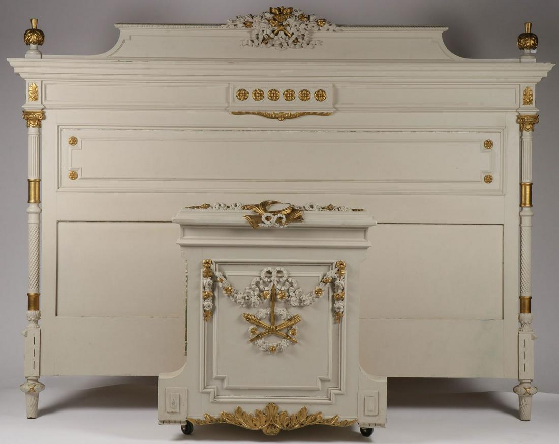 A FRENCH PAINTED BED: A FRENCH PAINTED BED. Comprising a carved headboard and footboard, each piece carved, painted, and with gilt highlights. The headboard height 62 inches, width 81 inches.SHIPPING NOTICE:Jackson's