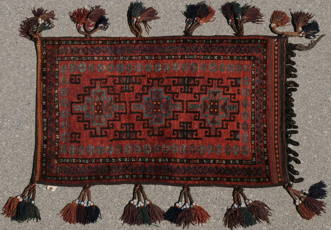 PAIR OF ORIENTAL SADDLE BAGS: PAIR OF ORIENTAL SADDLE BAGS. Comprising an Afghan camel bag with three geometric medallions on a red ground with multi-colored long tassels, 27 inches x 39 inches (38.5 x 99 cm), and a Persian Belouc