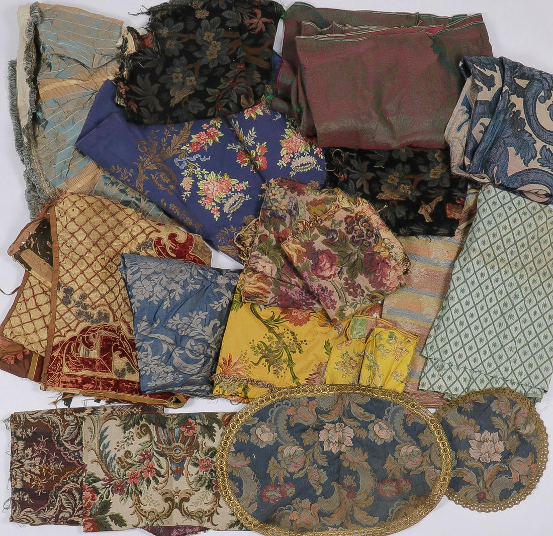 LARGE VINTAGE TEXTILE GROUP: LARGE VINTAGE TEXTILE GROUP. Comprising a plentiful group of vintage textiles and fabrics, mostly European, some Asian, including a pair of Aubusson embroidered panels, watered silk embroidered fabric