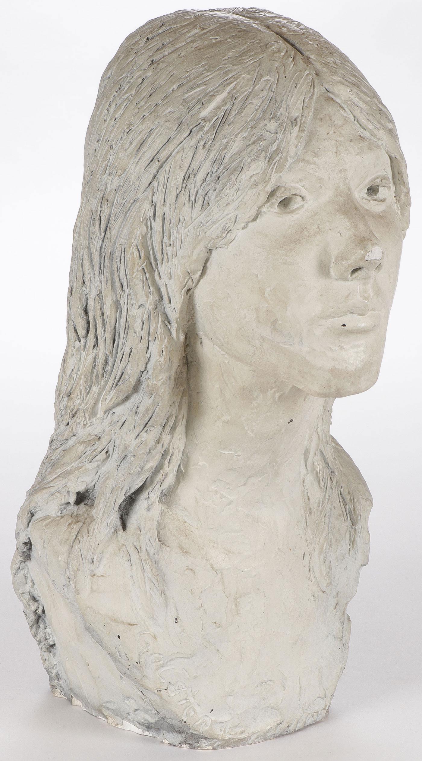 POLYCHROME CAST PLASTER FEMALE BUST: POLYCHROME CAST PLASTER FEMALE BUST. Comprising a finely modeled bust sculpture of a young woman by Johan G.C. Galster (Danish 1910-1997), signed on base, height 19.5 inches. SHIPPING NOTICE: Jackson'