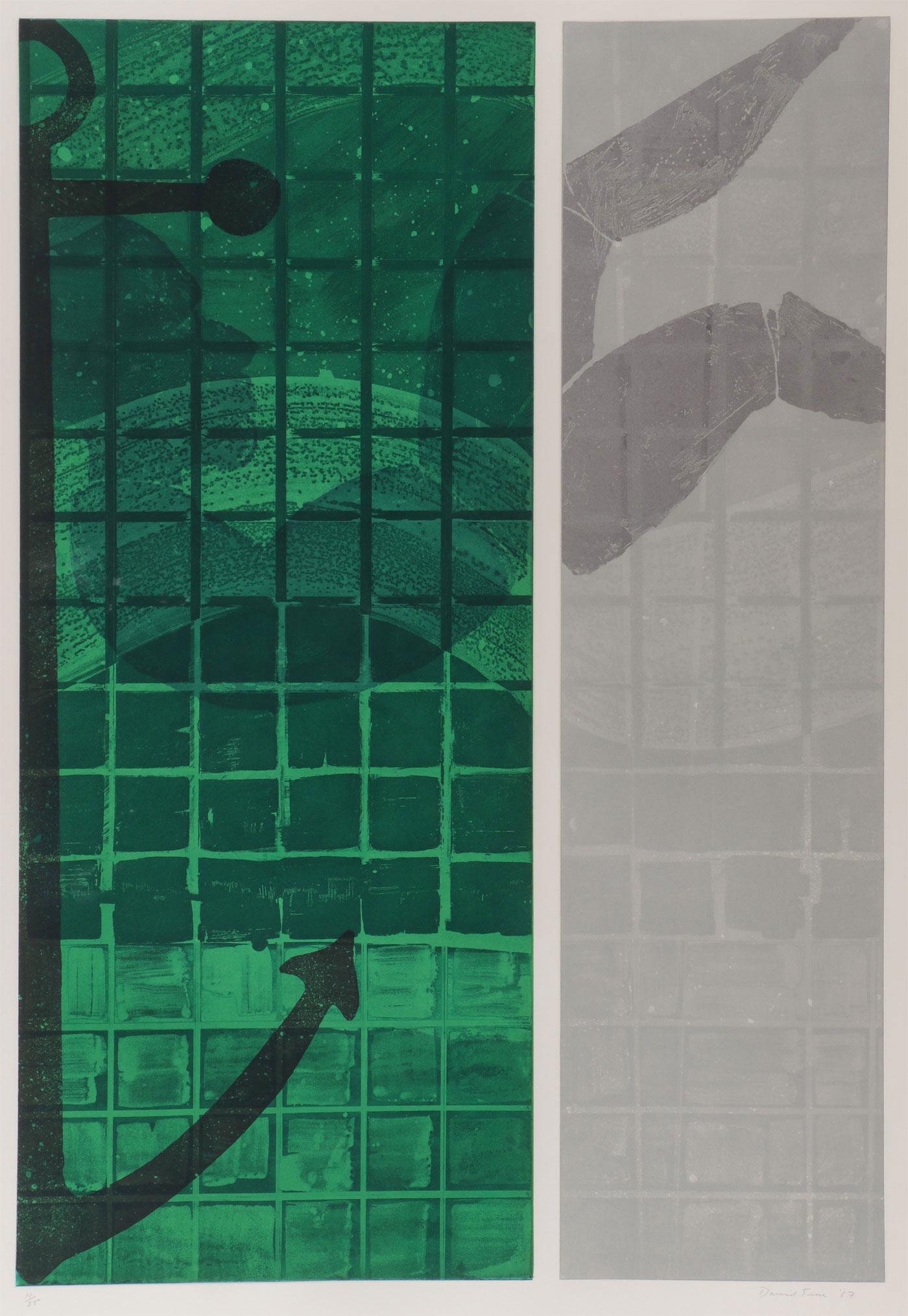 GROUP SIGNED MODERN ABSTRACT ART: GROUP SIGNED MODERN ABSTRACT ART. Comprising an etching and aquatint by David True (American b. 1942 - ) titled Cut Secure - 1987, signed and dated lower right and editioned 11/25 lower left, containe
