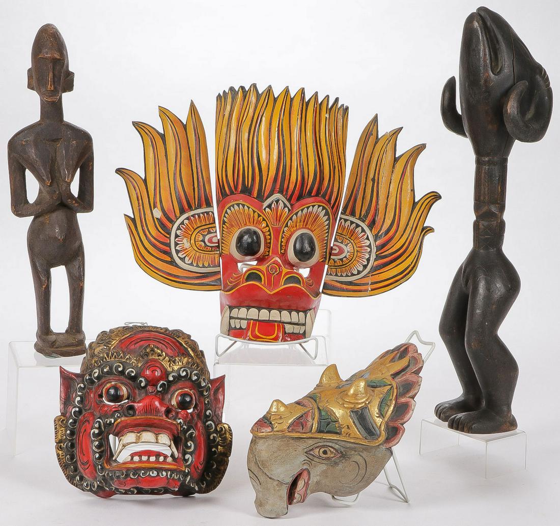 AFRICAN & ASIAN ETHNIC ART: AFRICAN & ASIAN ETHNIC ART. Comprising two carved African style effigies and two Balinese masks, and another, greatest measurement 22.75 inches. Together with a hand-woven panel depicting an African v