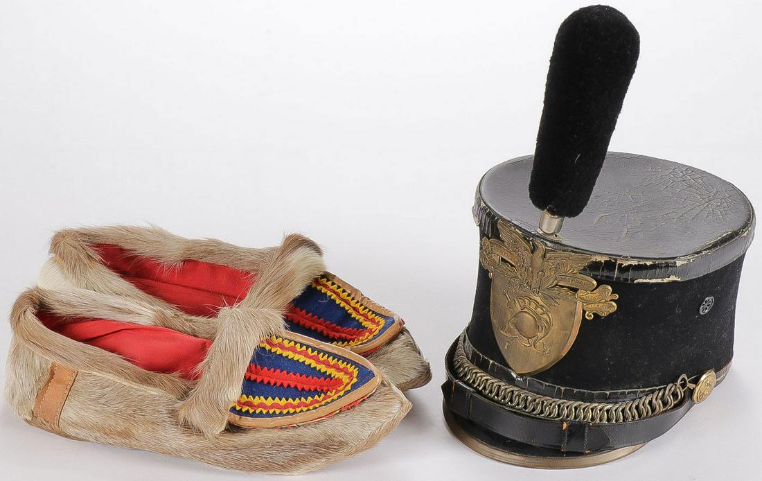 LAPLAND REINDEER MOCCASINS: LAPLAND REINDEER MOCCASINS. Comprising a pair of Finnish reindeer and felt moccasins, together with a vintage West Point Cadet parade cap. SHIPPING NOTICE:Jackson's is your sole and only source