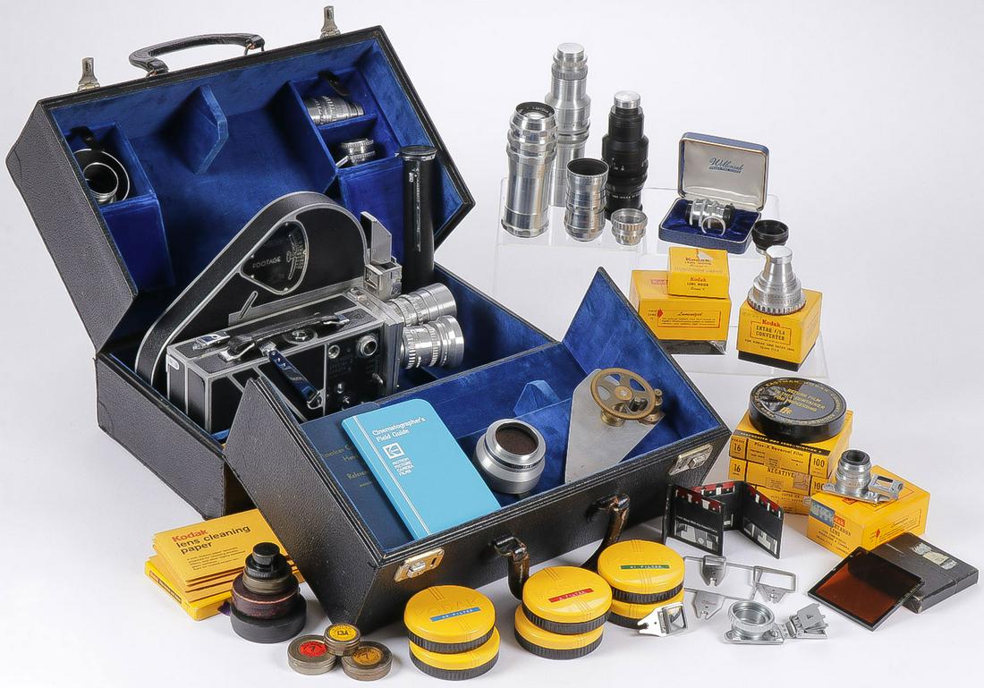 CINE-KODAK SPECIAL II CAMERA & ACCESSORIES: CINE-KODAK SPECIAL II CAMERA & ACCESSORIES. Comprising a Cine-Kodak Special II movie camera with magazine in original carrying case and 16 lenses including a Kodak Cine Ektar Lens 63mm f/2, a Kodak Ci