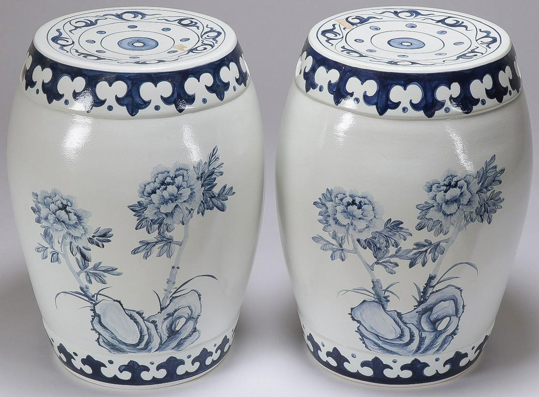 PAIR OF CHINESE GLAZED GARDEN STOOLS: PAIR OF CHINESE GLAZED GARDEN STOOLS. Of traditional barrel form with blue glazed decoration. Greatest height 18.5 inches. SHIPPING NOTICE: Jackson's is your sole and only source for one stop pack
