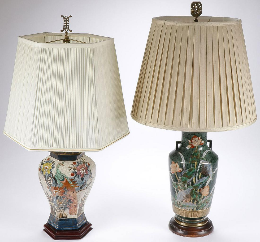 A PAIR OF CHINESE PORCELAIN STYLE URN LAMPS: A PAIR OF CHINESE PORCELAIN STYLE URN LAMPS. Finely decorated, each with silk shade, greatest height (vase only) 17 inches. SHIPPING NOTICE: Jackson's is your sole and only source for one stop pac
