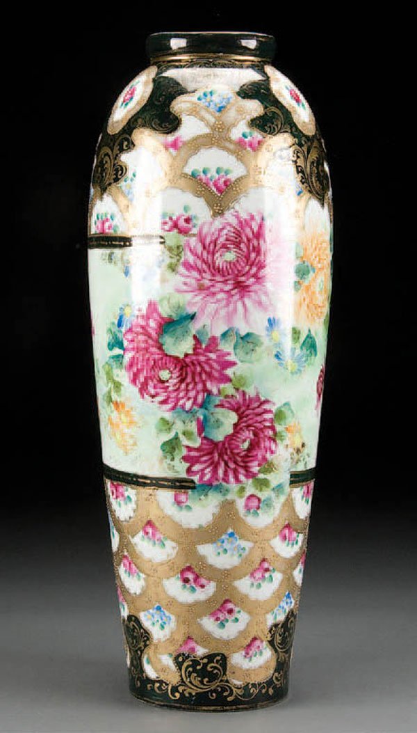 NIPPON PORCELAIN CYLINDER VASE: A LARGE HAND PAINTED NIPPON PORCELAIN CYLINDER VASE early 20th century, with hand painted florals and stylized medallions. Unmarked. Height 17.75 inches. Estimate $300-$500 Reference: The actual piece