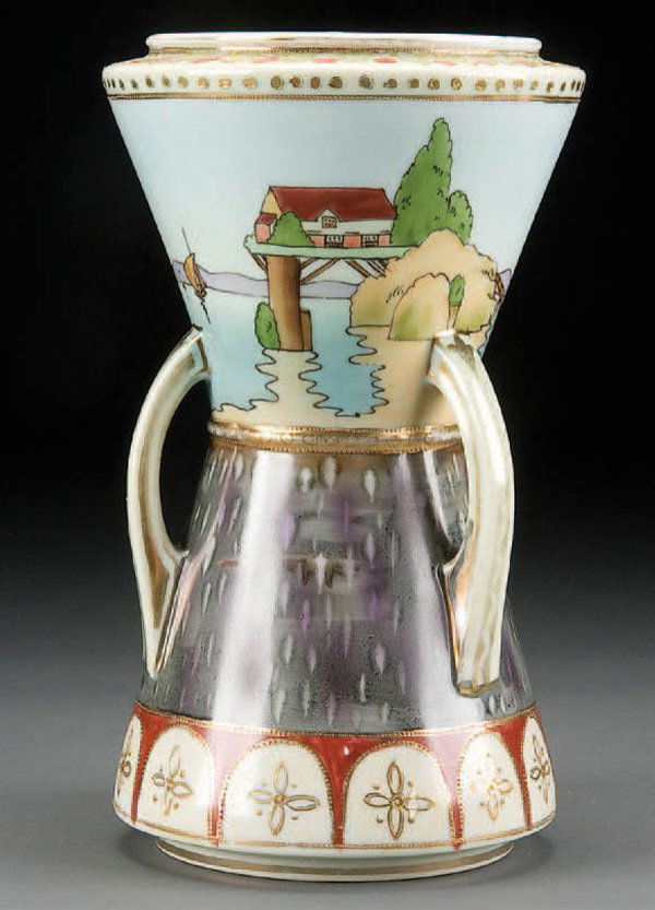 A HAND PAINTED NIPPON SCENIC 3-HANDLED VASE early: A HAND PAINTED NIPPON SCENIC 3-HANDLED VASE early 20th century, of hourglass form with cartoon harbor scene above three handles. Imperial Nippon mark. Height 10.75 inches. Estimate $150-$250 Reference
