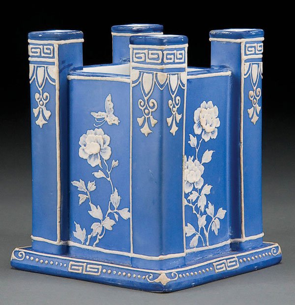 NIPPON WEDGWOOD PORCELAIN BUD VASE: A HAND PAINTED NIPPON 'WEDGWOOD' 4-PART PORCELAIN BUD VASE early 20th century, with moriage florals and butterfly on blue ground. Green M in wreath mark. Height 5 inches. Estimate $300-$500 Reference: