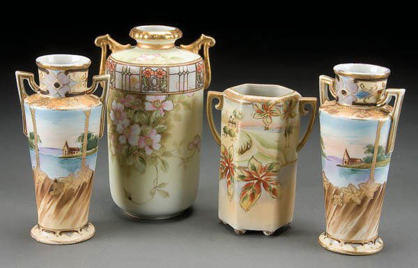 4 NIPPON PORCELAIN VASES: 4 HAND PAINTED NIPPON SCENIC & FLORAL DECORATED PORCELAIN VASES early 20th century, including 2 matching harbor scenes. Pagoda and green M in wreath marks. Height 6 to 8 inches. Estimate $150-$250 Ref