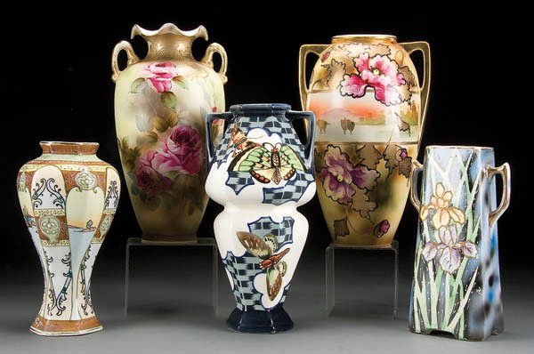 5 ROYAL NIPPON HAND PAINTED CERAMIC VASES early 2: 5 ROYAL NIPPON HAND PAINTED CERAMIC VASES early 20th century, with floral decoration. Royal Nippon Nishiki marks. Height 10 to 12 inches. Estimate $200-$300