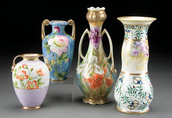 4 HAND PAINTED NIPPON PORCELAIN VASES early 20th: 4 HAND PAINTED NIPPON PORCELAIN VASES early 20th century, TT and maple leaf marks. Height 6.25 to 11.25 inches. Estimate $150-$250 Reference: One of the actual pieces being offered are illustrated in 