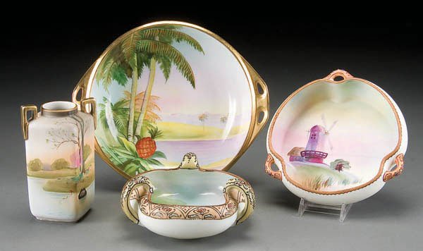 4 HAND PAINTED NIPPON SCENIC DECORATED PORCELAIN: 4 HAND PAINTED NIPPON SCENIC DECORATED PORCELAIN PIECES early 20th century, consisting of 3 bowls and a vase. Height 5 inches, length 9.5 inches. Green M in wreath marks. Estimate $100-$200