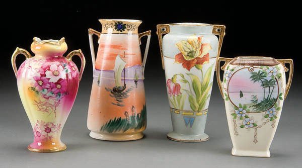 4 HAND PAINTED NIPPON PORCELAIN VASES early 20th: 4 HAND PAINTED NIPPON PORCELAIN VASES early 20th century, various floral and scenic decorations. Various marks including TT, Crown, M in wreath and blue maple leaf. Height 5.5 to 7.5 inches. Estimate 