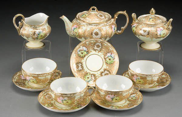 NIPPON GOLD DECORATED TEA SET: 12-PIECE HAND PAINTED NIPPON GOLD DECORATED TEA SET early 20th century, service for 4. OAC mark. Estimate $100-$200